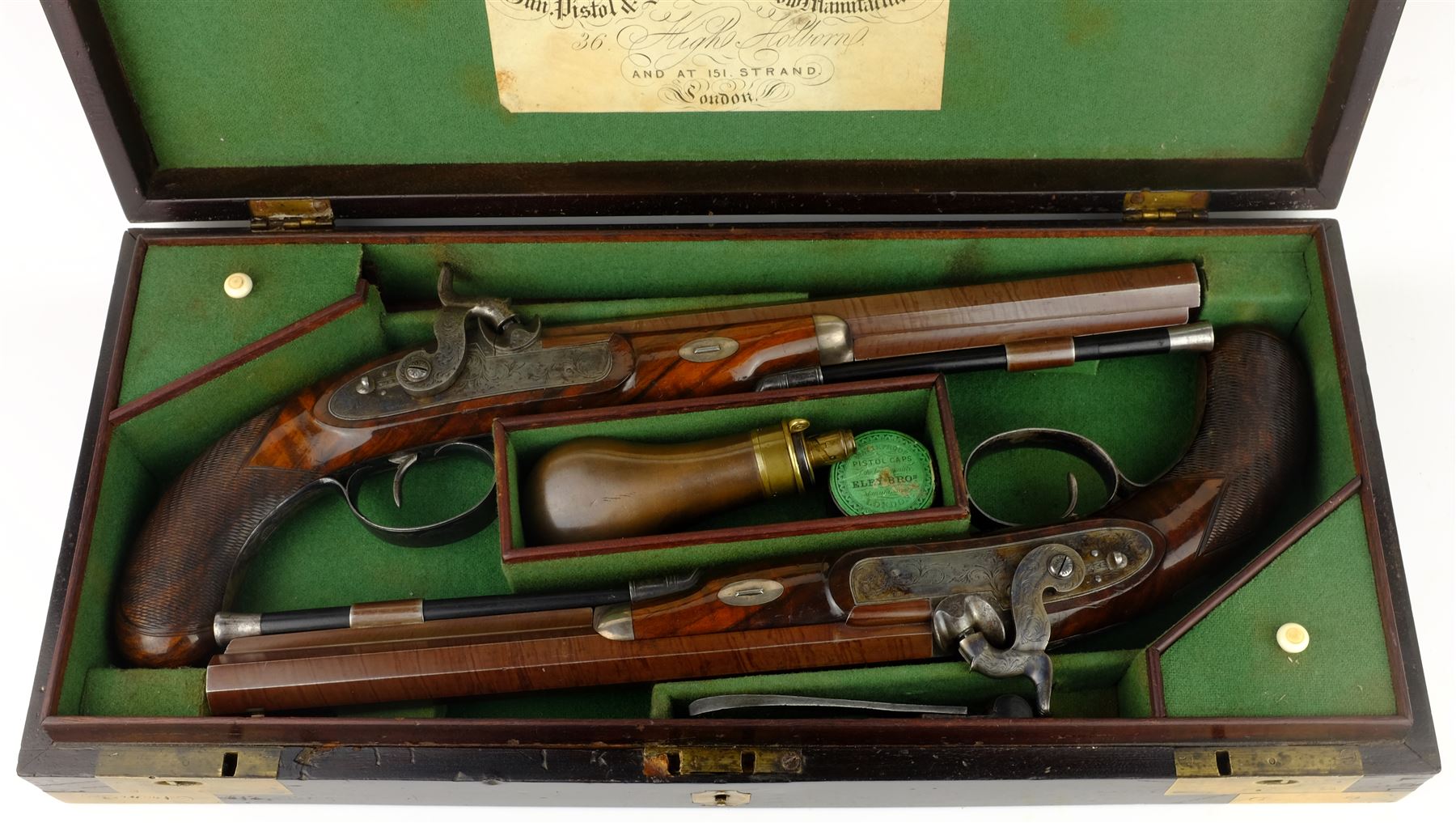 Rare pair of London 40 bore Officer's percussion duelling pistols by Robert Braggs c1830/40 - Image 2 of 12