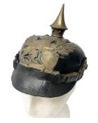 WW1 German leather Pickelhaube helmet with brass plate for Baden regiment