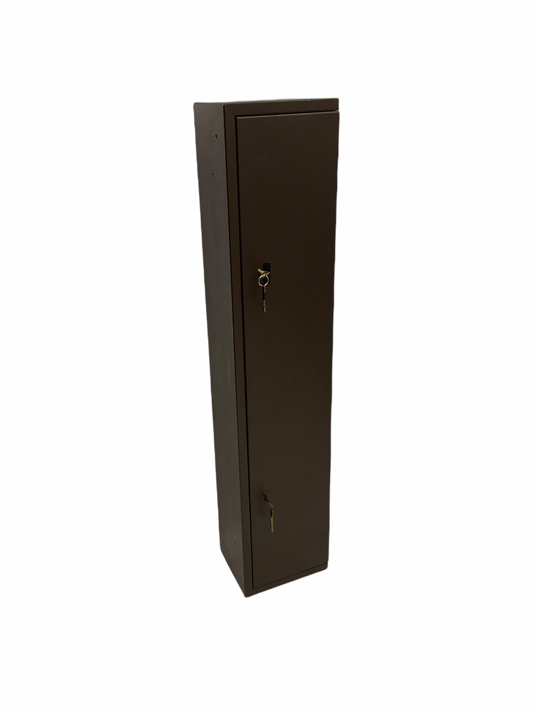 Brown steel gun cabinet for four guns with ammunition rack on back of door