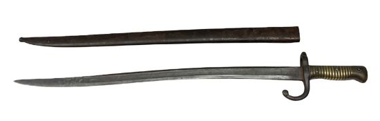 French 1866 pattern sabre bayonet with 57cm fullered steel curving blade dated 1872