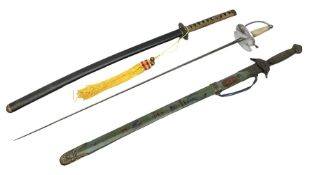 Three reproduction swords - Japanese katana and saya; Tai Chi sword with ornate scabbard; and dress
