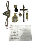 Assorted collectables comprising interwar brass compass with mother of pearl dial
