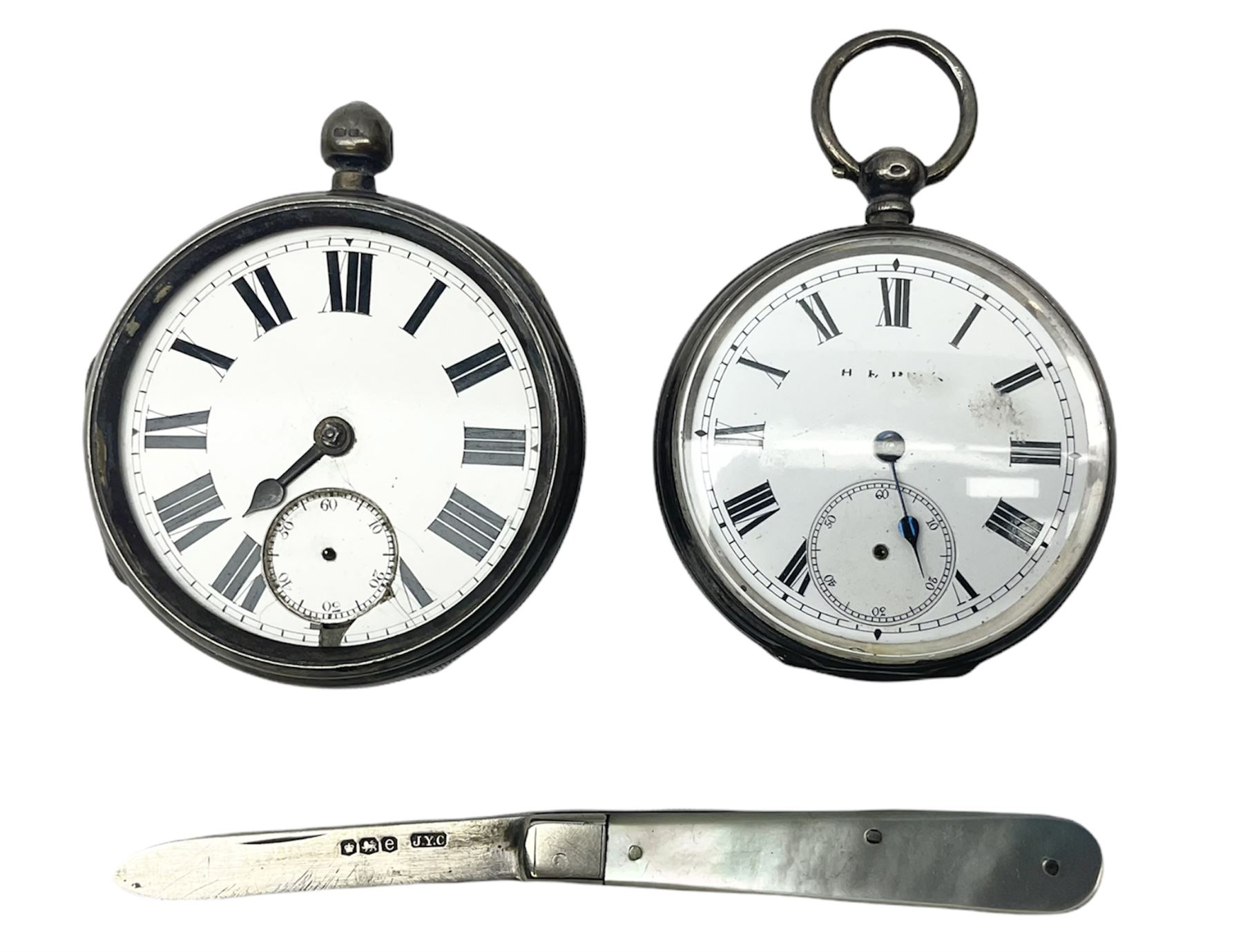 Two 19th century silver cased pocket watches and a fruit knife with hallmarked silver blade
