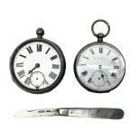 Two 19th century silver cased pocket watches and a fruit knife with hallmarked silver blade