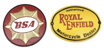 Two reproduction cast iron motorcycle signs comprising BSA example and Royal Enfield example