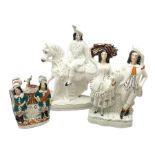 Staffordshire figures comprising one example modelled as a hunter on horseback with a stag draped a