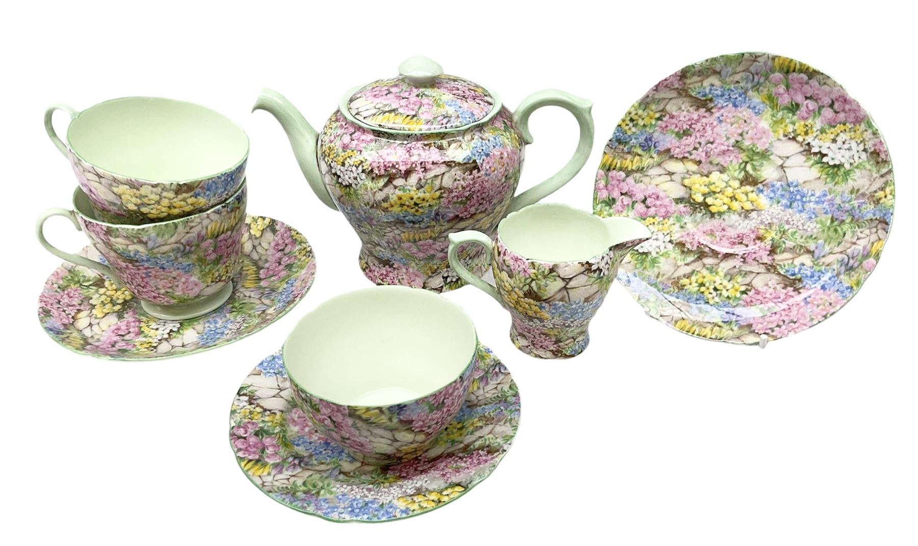 Shelley early morning tea set for two in the 'Rock Garden' pattern No.13454 comprising tea pot and c