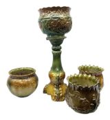 Green and brown majolica jardinière on stand