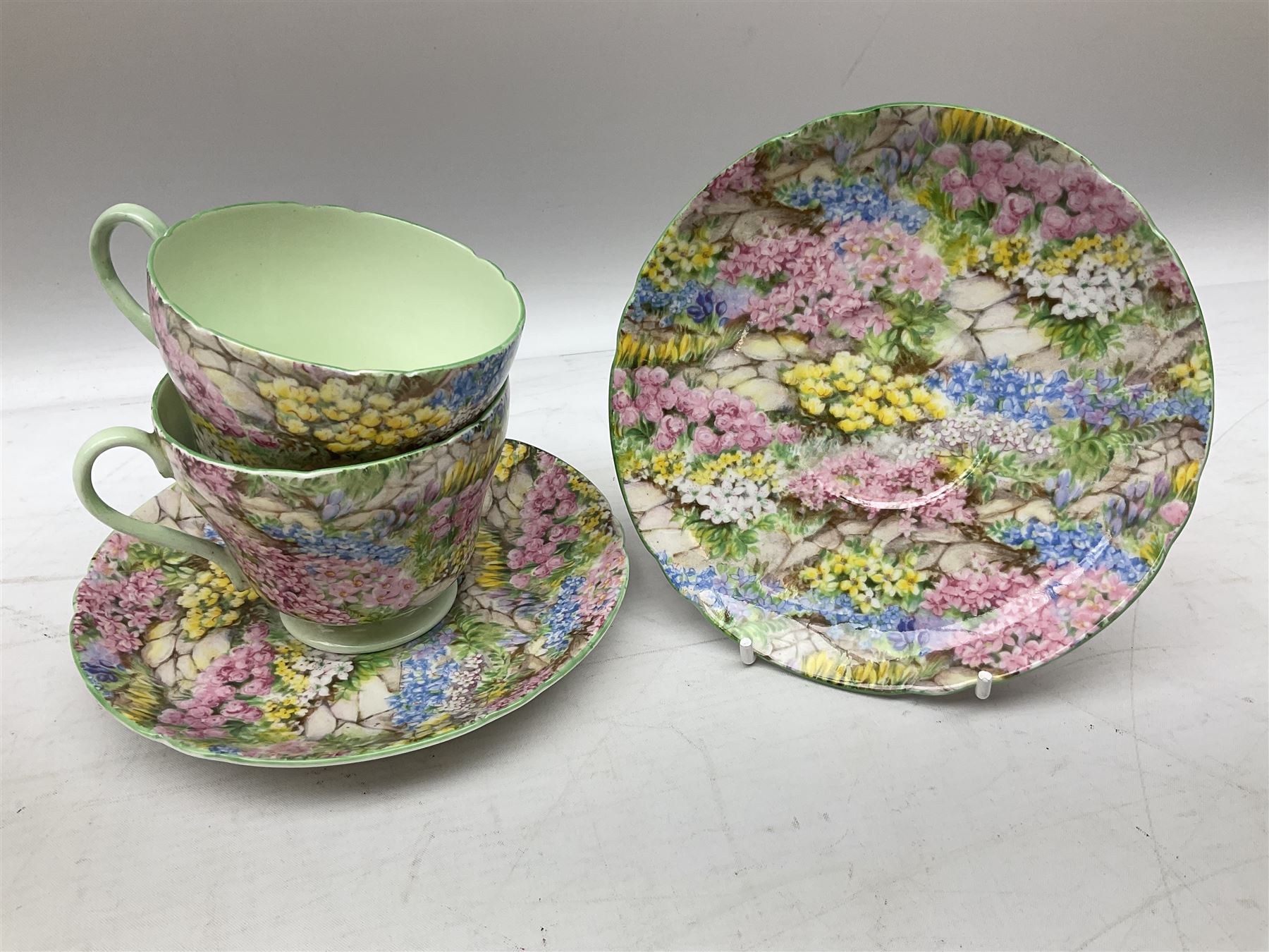 Shelley early morning tea set for two in the 'Rock Garden' pattern No.13454 comprising tea pot and c - Image 4 of 13