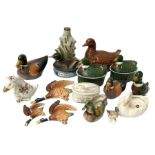 Five lidded duck tureens of various sizes to include majolica examples and a quantity of duck cerami