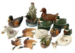 Five lidded duck tureens of various sizes to include majolica examples and a quantity of duck cerami