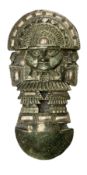 Green hardstone carved inca figure with metal detail