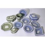 Quantity of Wedgwood Jasperware to include blue and sage green examples including lidded boxes and d