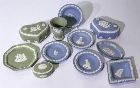 Quantity of Wedgwood Jasperware to include blue and sage green examples including lidded boxes and d