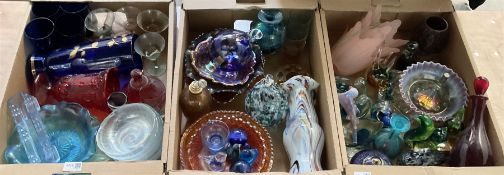 Three boxes of coloured glass to include art glass vase