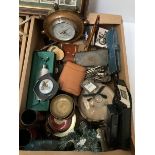 Two boxes of treen and metalware to include bowl with metal rim