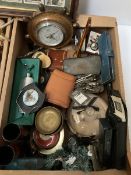 Two boxes of treen and metalware to include bowl with metal rim