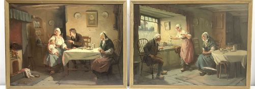 Alexander Rosell (British 1859-1922): Dinner Time in Dutch Home and News in the Kitchen