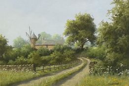 Thomas Leighton (British 20th century): Country Lane with Windmill