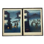 S Tomi (Japanese early 20th century): Dancing With Lanterns with Mt Fuji in Distance