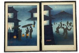 S Tomi (Japanese early 20th century): Dancing With Lanterns with Mt Fuji in Distance