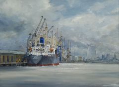 A E Gray (British mid/late 20th century): 'Discharging at Hull Docks'