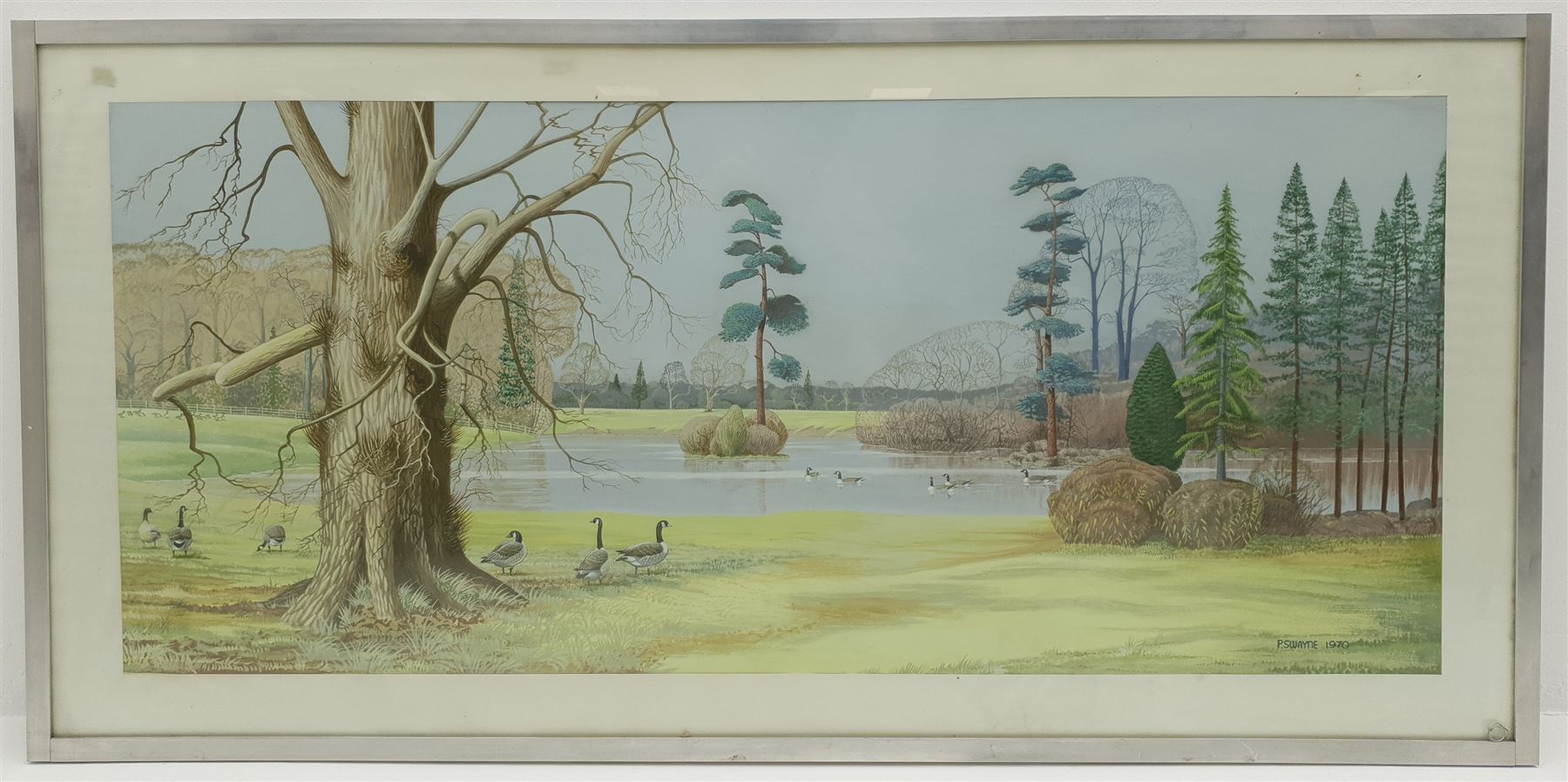 P Swayne (British 20th century): Geese in a River Landscape - Image 2 of 5