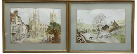 F Bownas (British 20th century): Winter Shepherding and View of Canterbury Cathedral from South West