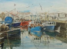 Fraser King (British 1969-): Harbour Scene with Seagulls