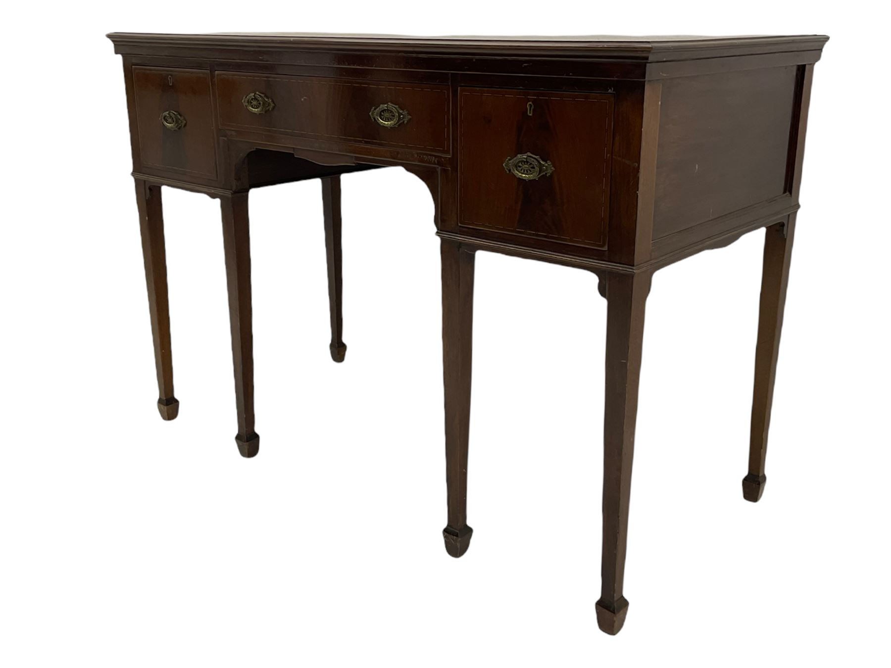Edwardian inlaid mahogany kneehole side table - Image 2 of 7