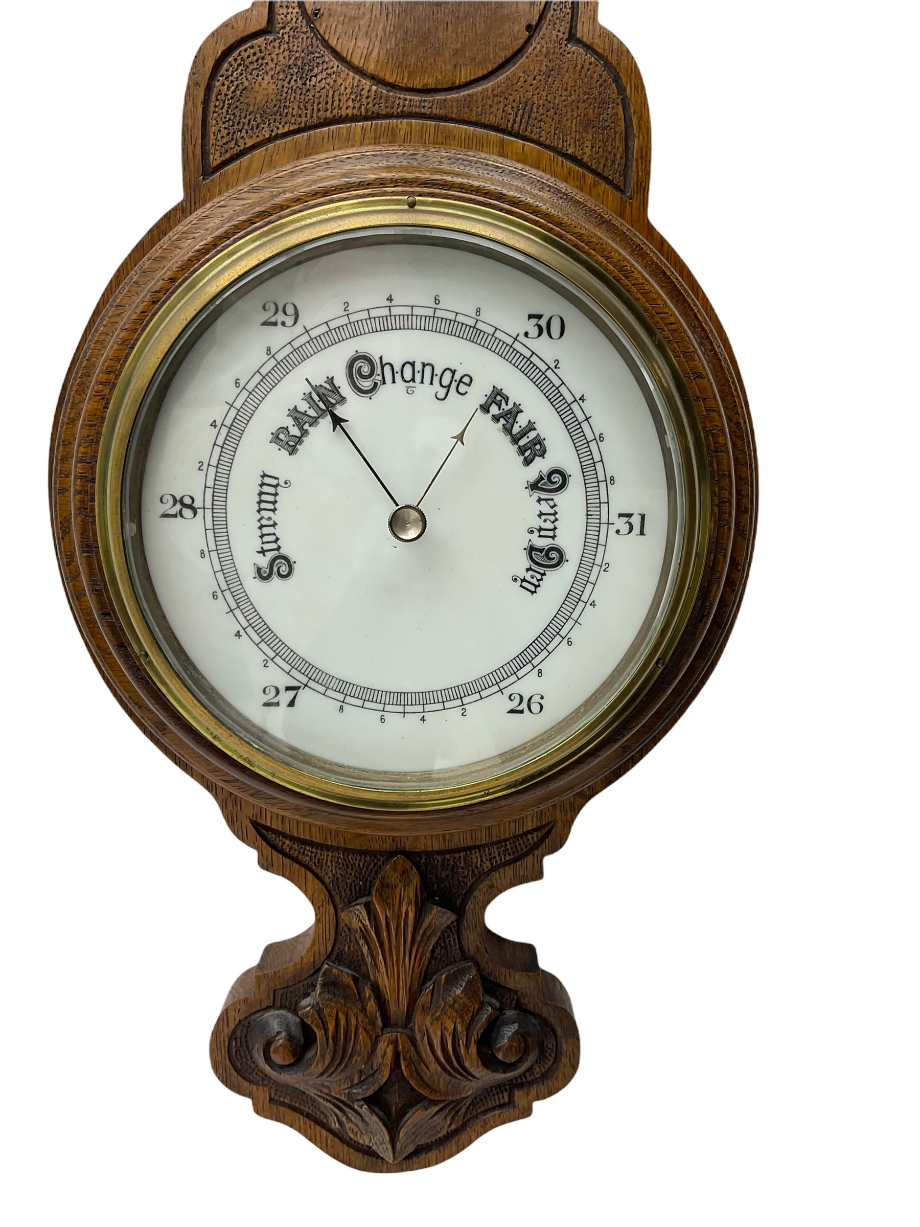 An English 1930's solid oak carved hall barometer in a scroll shaped carved case with relief carving - Bild 2 aus 3