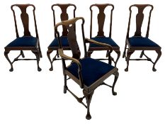 Set five early 20th century mahogany Queen Anne style dining chairs