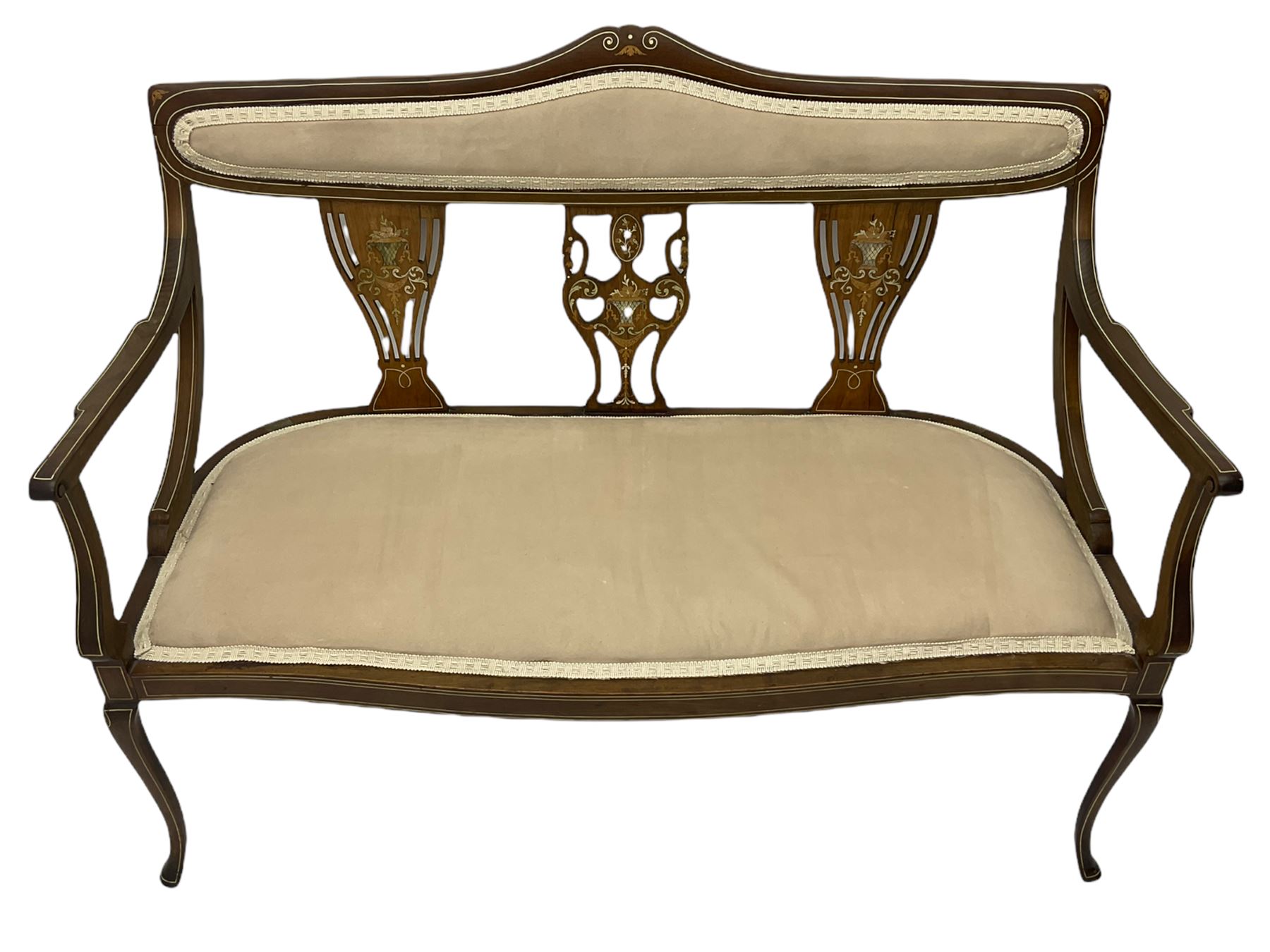 Edwardian inlaid rosewood salon settee - Image 2 of 7