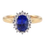 18ct rose gold oval sapphire and round brilliant cut diamond cluster ring