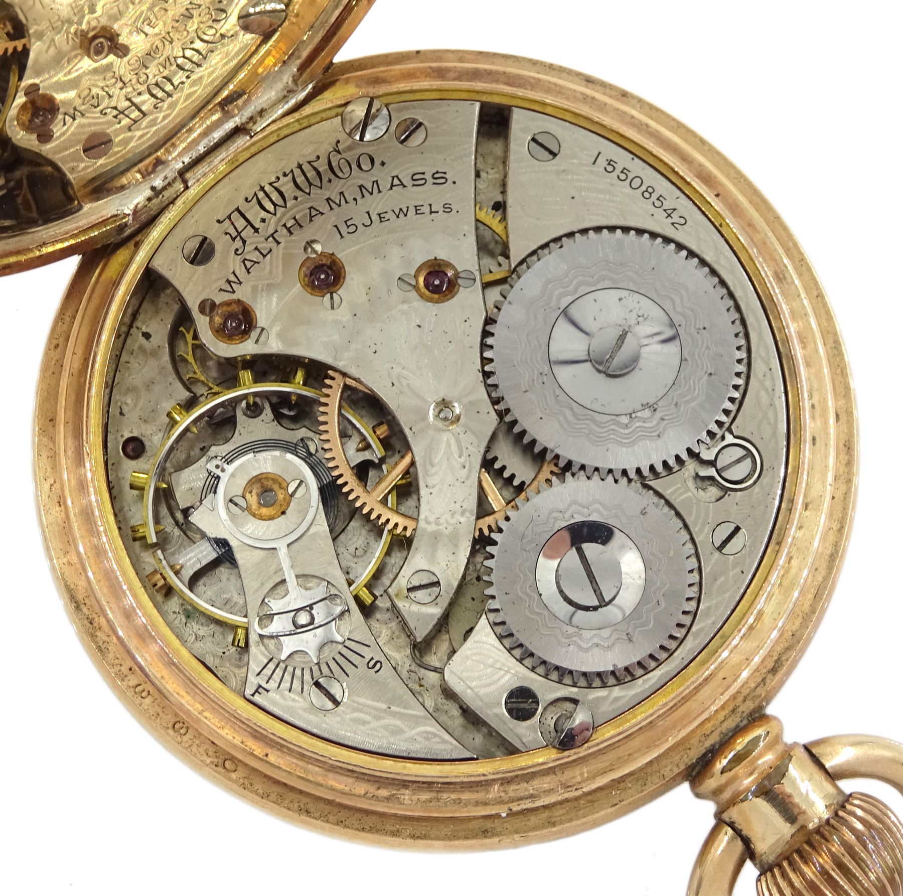 American gold-plated open face 15 jewels keyless lever pocket watch by Waltham - Image 3 of 3