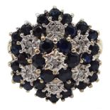 9ct gold sapphire and diamond chip flower head cluster ring