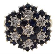 9ct gold sapphire and diamond chip flower head cluster ring