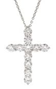 18ct white gold eleven stone round brilliant cut diamond cross pendant necklace