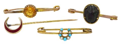 Gold turquoise and split pearl bar horseshoe brooch