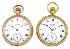 American gold-plated open face 15 jewels keyless lever pocket watch by Waltham
