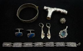 Collection of Russian silver jewellery including pair of blue guilloche enamel cufflinks