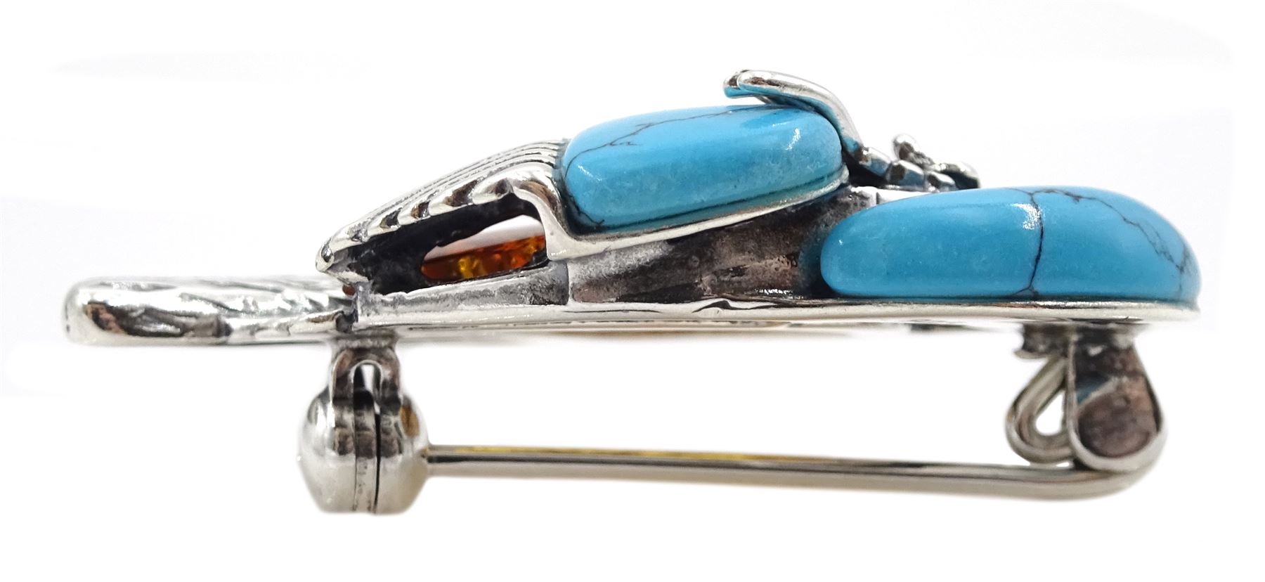 Silver amber and turquoise kingfisher brooch - Image 2 of 2