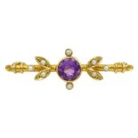 Early 20th century gold round amethyst and pearl brooch