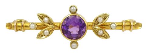 Early 20th century gold round amethyst and pearl brooch