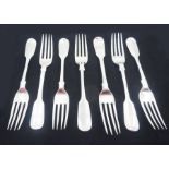 Seven silver Fiddle pattern forks with engraved initials to terminals