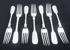 Seven silver Fiddle pattern forks with engraved initials to terminals