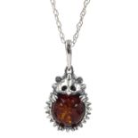 Silver amber hedgehog pendant necklace