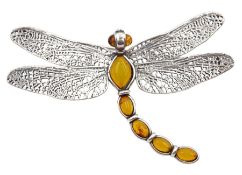 Silver amber dragonfly brooch
