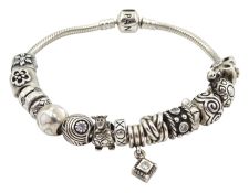 Pandora silver bracelet with fifteen Pandora charms