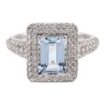 18ct white gold emerald cut aquamarine and diamond cluster ring